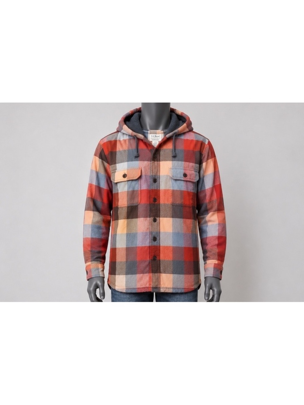 L.L.Bean Men’s L Tall Hooded Flannel Shirt Jacket Fleece Lined Plaid Shacket